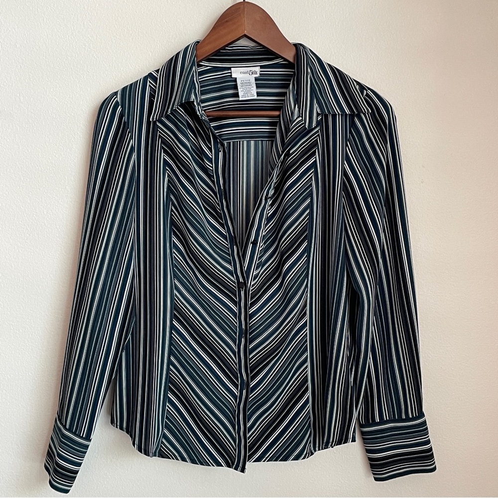 Y2K Women’s Striped Button-Up Top Blue Preppy Office Career Size Medium